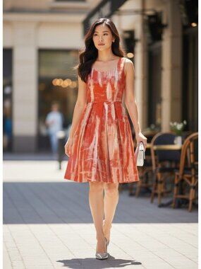 Tahari Womens Sleeveless Fit And Flare Dress Coral White Print US 4 Cotton Blend